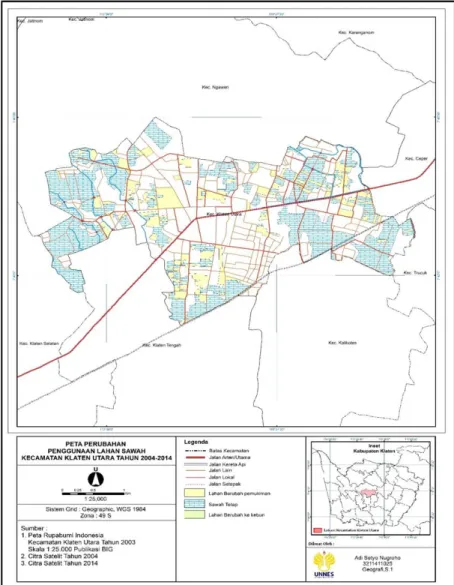 Gambar 3. Peta Perubahan Penggunaan Lahan Sawah Kecamatan Klaten Utara Tahun 2004- 2004-2014 