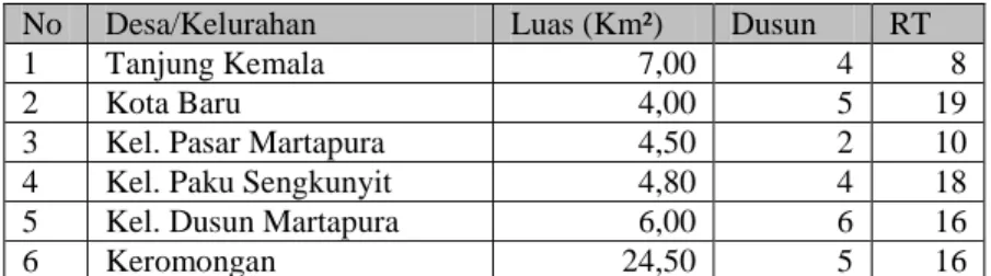 Tabel 1. Luas Kecamatan Martapura Tahun 2013  