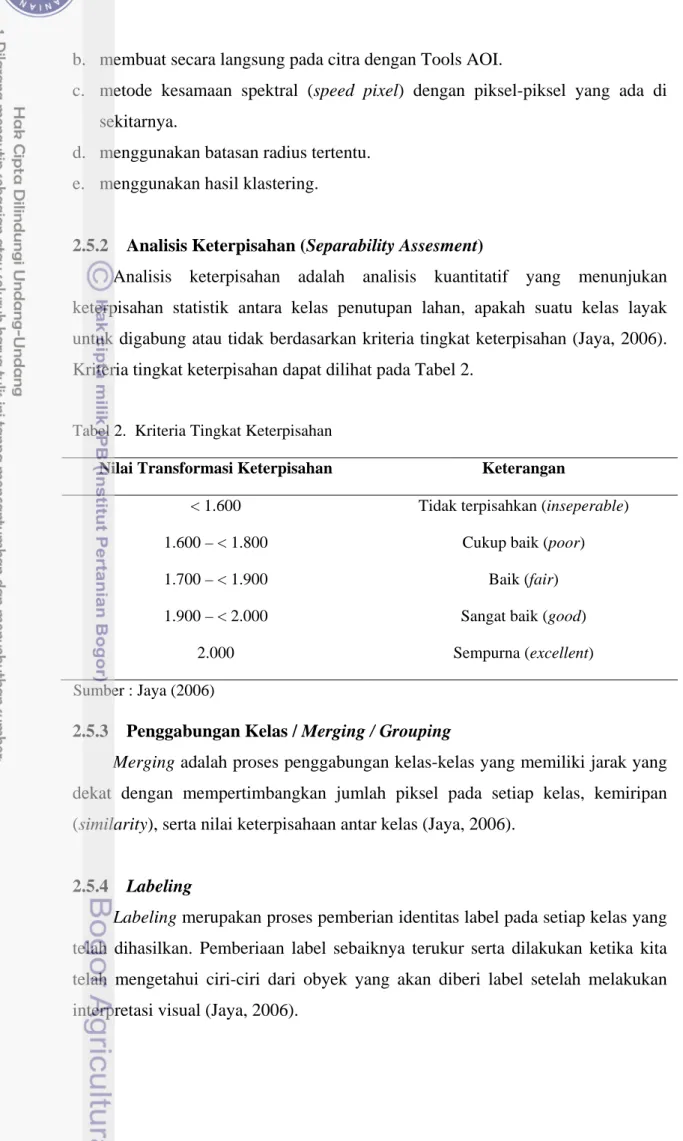 Tabel 2.  Kriteria Tingkat Keterpisahan 