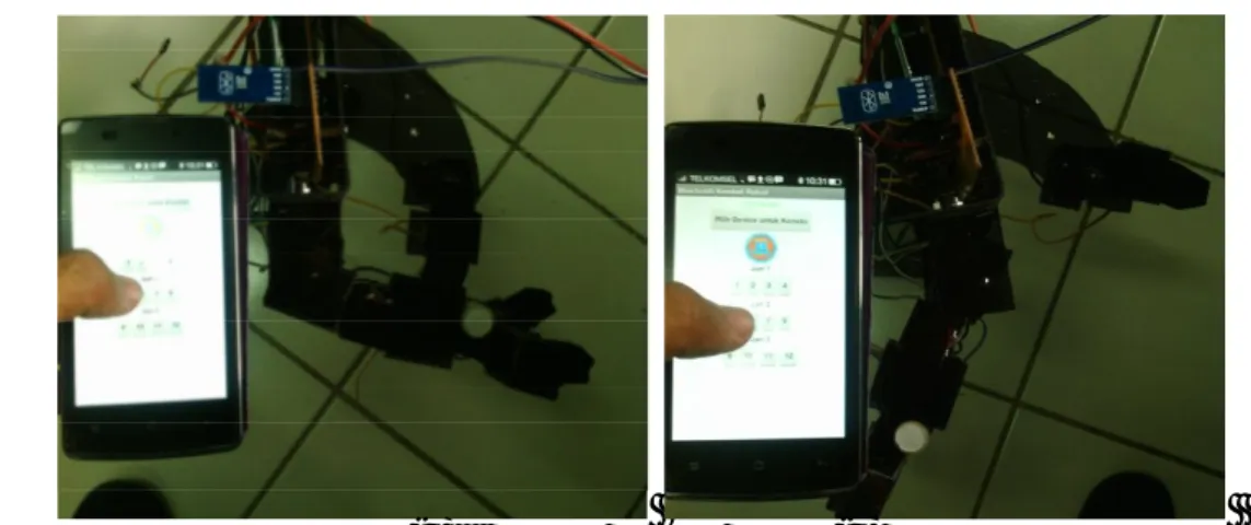 Gambar  9 Gerakan tangan robot yang dikendalikan dengan bluetooth android  (a)  membuka dan (b) menutup 