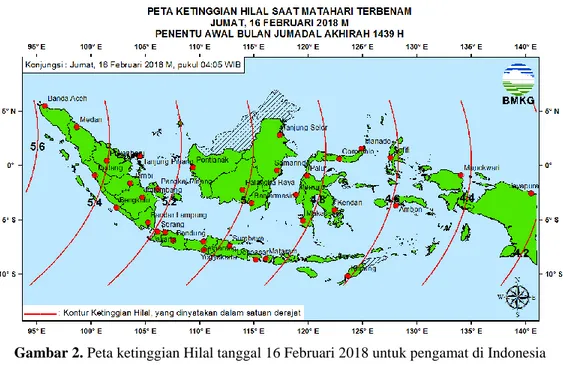 Gambar 3. Peta Elongasi tanggal 16 Februari 2018 untuk pengamat di Indonesia  