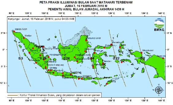 Gambar 6. Peta Fraksi Illuminasi bulan tanggal 16 Februari 2018 untuk pengamat di Indonesia  