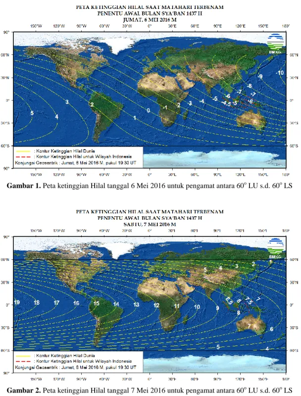 Gambar 1. Peta ketinggian Hilal tanggal 6 Mei 2016 untuk pengamat antara 60 o  LU s.d