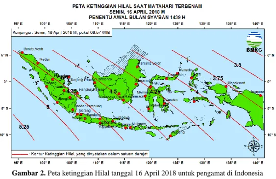 Gambar 3. Peta Elongasi tanggal 16 April 2018 untuk pengamat di Indonesia  