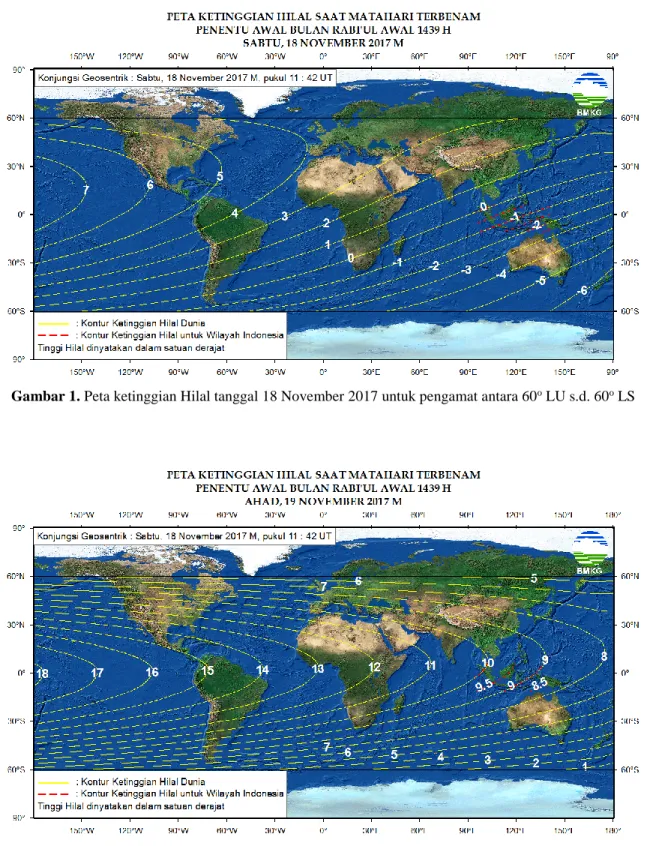 Gambar 2. Peta ketinggian Hilal tanggal 19 November 2017 untuk pengamat antara 60 o  LU s.d