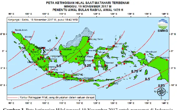 Gambar 3. Peta ketinggian Hilal tanggal 19 November 2017 untuk pengamat di Indonesia 