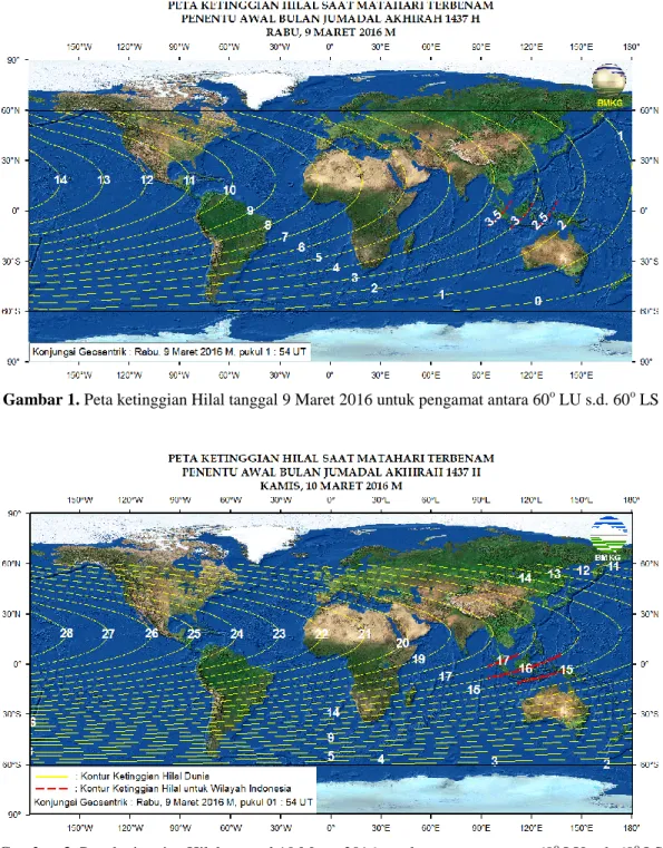 Gambar 2. Peta ketinggian Hilal tanggal 10 Maret 2016 untuk pengamat antara 60 o  LU s.d