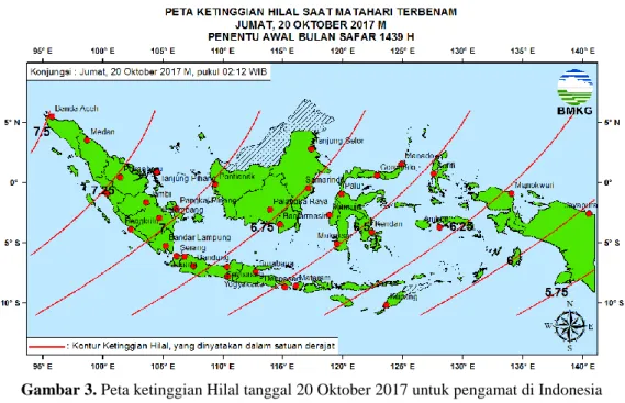 Gambar 3. Peta ketinggian Hilal tanggal 20 Oktober 2017 untuk pengamat di Indonesia 