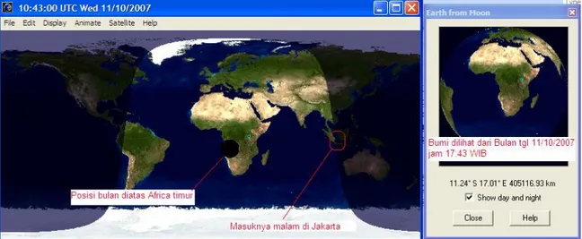 Gambar 4. Posisi bulan pada jam 17:43 (waktu Maghrib di Jakarta) tanggal 11 Oktober  2007 
