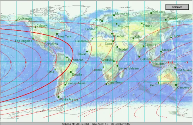 Fig L1: Peta ketinggian bulan pada saat matahari terbenam di masing-masing tempat untuk 6 Oktober 2002  Karena kondisi ini memungkinkan perselisihan permulaan puasa secara global, misalnya karena akan ada laporan  hilal pada Senin 4 Nov 2002 itu, maka sang