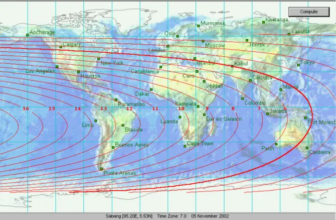 Fig L2: Peta ketinggian bulan pada saat matahari terbenam di masing-masing tempat untuk 5 November 2002  Dari peta ini terlihat, bahwa pada Selasa 5 November 2002, irtifa’ di Indonesia berkisar antara 5 - 7 derajat