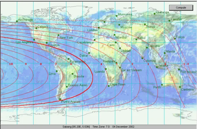 Fig L3: Peta ketinggian bulan pada saat matahari terbenam di masing-masing tempat untuk 4 Desember 2002  Dari peta ini terlihat, bahwa pada Rabu 4 Desember 2002, irtifa’ di Indonesia masih kurang dari 1 derajat