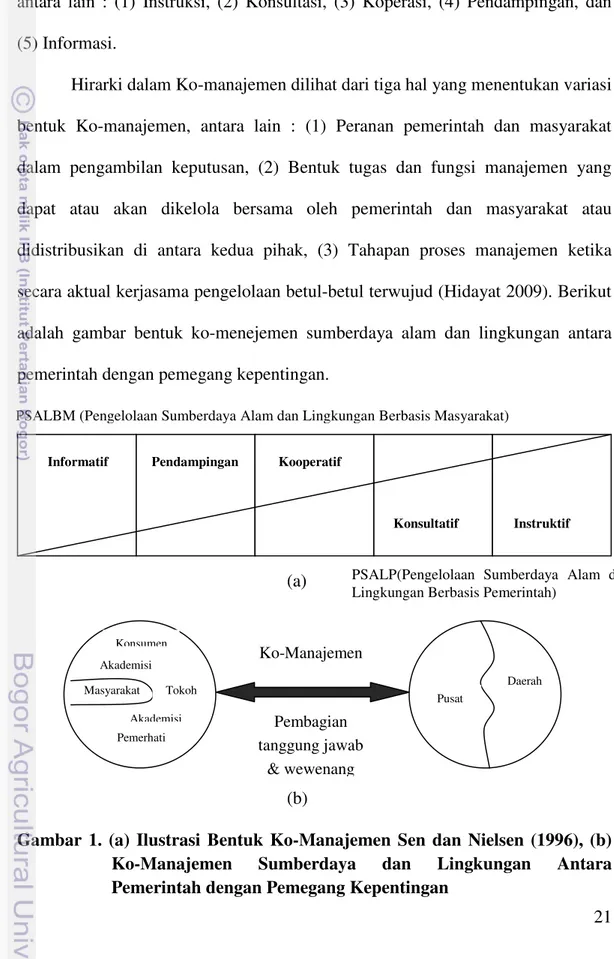 Gambar  1.  (a)  Ilustrasi  Bentuk  Ko-Manajemen  Sen  dan  Nielsen  (1996),  (b)  Ko-Manajemen  Sumberdaya  dan  Lingkungan  Antara  Pemerintah dengan Pemegang Kepentingan 