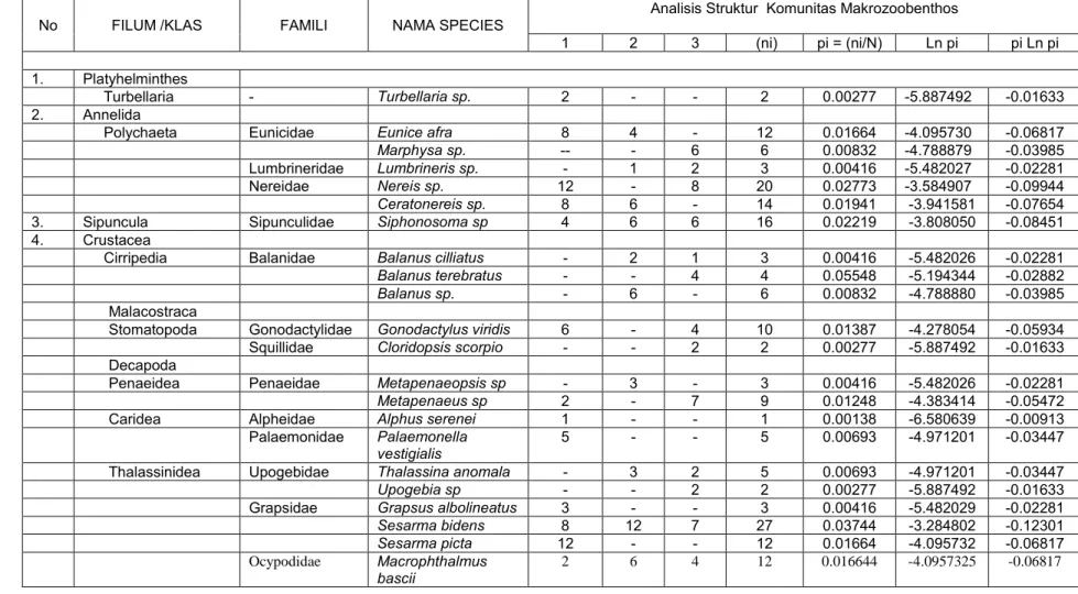 Tabel 3.5        Hasil Analisis Struktur Komunitas Makrozoobenthos di perairan hutan mangrove              an Perairan Teluk Benoa  