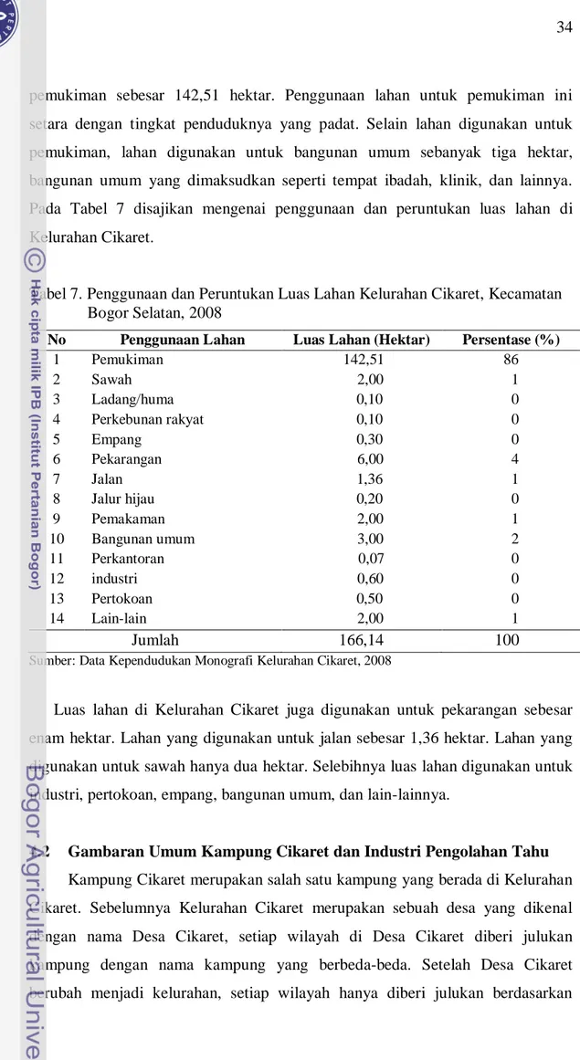 Tabel 7. Penggunaan dan Peruntukan Luas Lahan Kelurahan Cikaret, Kecamatan  Bogor Selatan, 2008 