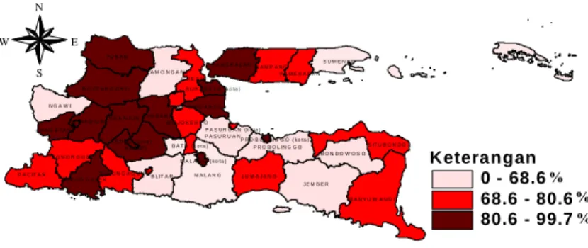 Gambar 4.6. Persebaran Tempat Pengeloalaan Makanan (TPM) yang  Memenuhi Status Higine Sanitasi di Jawa Timur 