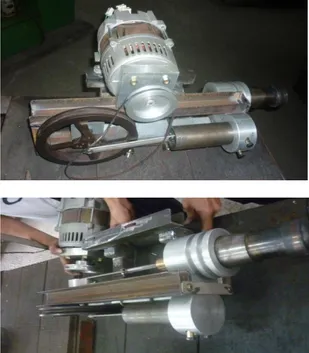 Gambar 5. Rancangan mesin stirling  Silinder  displacer  maupun  silinder  pistonnya  dibuat  dari  pipa  stainless  steel  yang  ada  dipasaran  sedangkan  displacer  dan  silindernya  dibuat  dari  aluminium  untuk  meminimalkan beban serta connecting ro