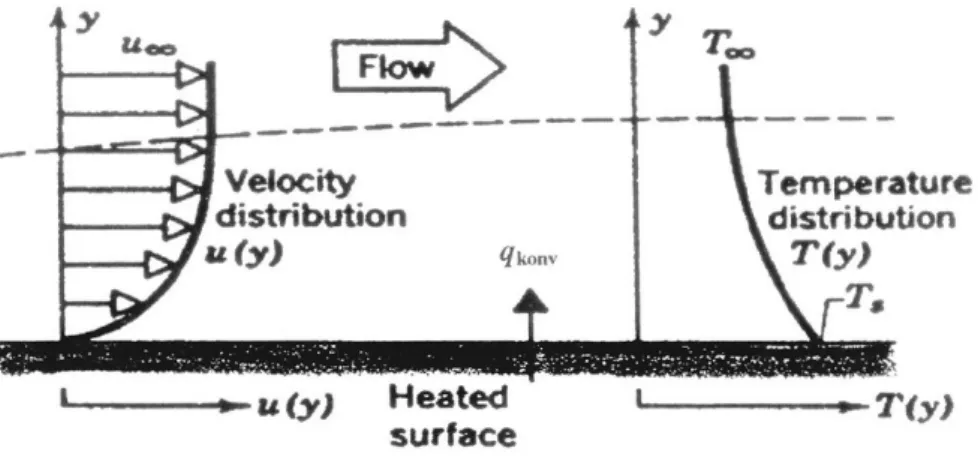 Gambar 2.2 Perpindahan panas konveksi dari permukaan media padat ke fluida yang mengalir  Sumber : (Incropera and DeWitt, 1996) 