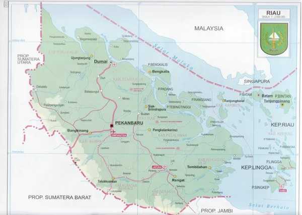 Gambar 1: Peta menunjukkan Provinsi Riau yang terletak di Sumatera Barat, Indonesia (Sumber: 
