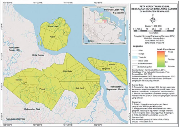 Gambar 3.2.  Peta Kerentanan Sosial Kebakaran Hutan dan Lahan Gambut di Kabupaten Bengkalis Sumber: Hasil Penelitian, 2014