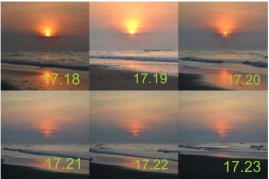 Gambar 8. Sesaat sebelum Matahari terbenam, Matahari masih dapat terlihat hingga  akhirnya terhalang oleh awan sehingga saat terbenamnya Matahari, tidak dapat teramati  dengan mata telanjang