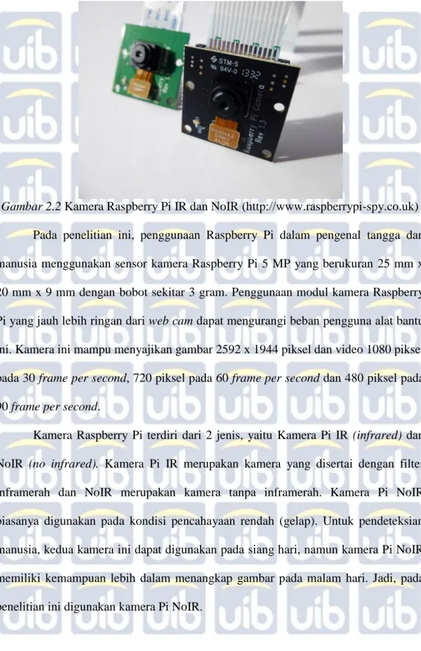 Gambar 2.2 Kamera Raspberry Pi IR dan NoIR (http://www.raspberrypi-spy.co.uk)  Pada  penelitian  ini,  penggunaan  Raspberry  Pi  dalam  pengenal  tangga  dan  manusia menggunakan sensor kamera Raspberry  Pi  5 MP  yang berukuran 25 mm x  20 mm x 9 mm deng