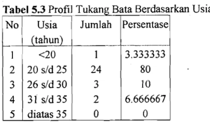 Tabel 5.3 Profil  Tuk  Bata Berdasarkan Usia  No  Usia  (tahu&amp;  Jumlah  Persentase  _ .