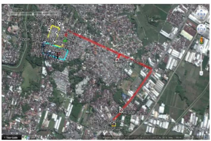 Gambar 2 memiliki skala 1:555 meter. Untuk garis merah  merupakan  jalur  kabel  feeder,  sedangkan  garis  kuning  merupakan  jalur  kabel  distribusi