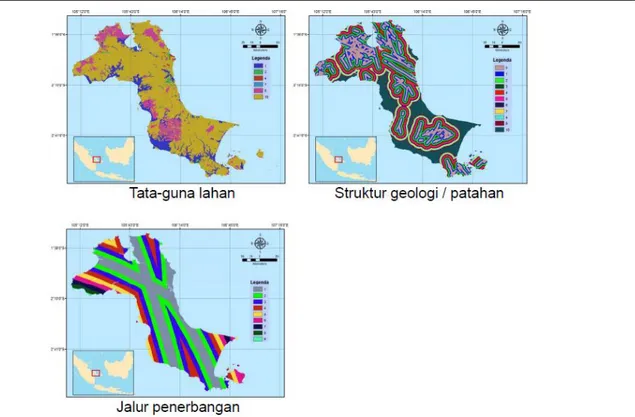 Gambar 3. Hasil Reklasifikasi Berbagai Layer Sebagai Input Perhitungan Raster  Jarak  maksimum  dari  pantai  Pulau  Sumatera  yang  dipertimbangkan  adalah  100  kilometer dan dibagi dalam 10 kelas dengan nilai terbaik diberikan pada lokasi yang paling  d