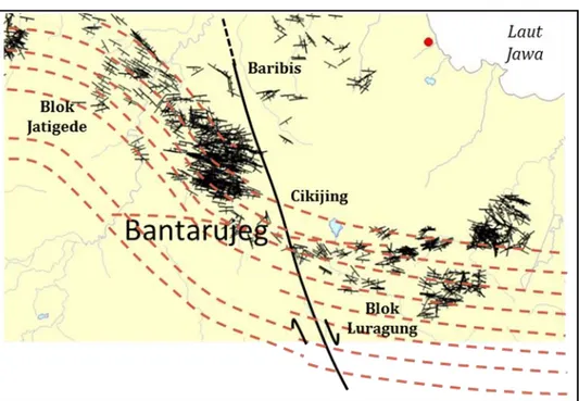 Gambar 4. Struktur lipatan seret daerah Bantarujeg akibat  pengaruh Sesar Citanduy (Haryanto, 2014; dimodifikasi)