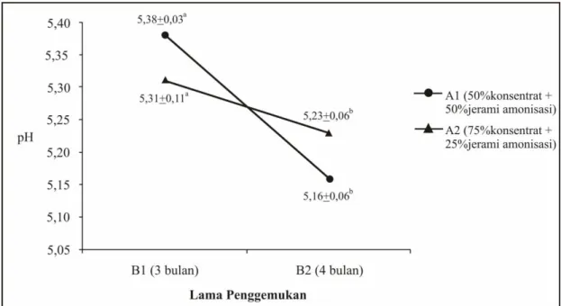 Gambar 1. Interaksi pengaruh lama penggemukan dan level konsentrat terhadap pH daging 