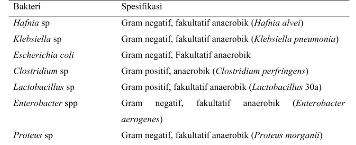 Tabel 3 Jenis-jenis dan spesifikasi bakteri pembentuk histamin yang terdapat pada  ikan laut  Bakteri Spesifikasi  Hafnia sp  Klebsiella sp  Escherichia coli  Clostridium sp  Lactobacillus sp  Enterobacter spp  Proteus sp 