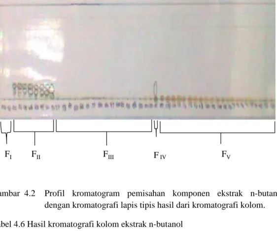 Gambar  4.2  Profil  kromatogram  pemisahan  komponen  ekstrak  n-butanol  dengan kromatografi lapis tipis hasil dari kromatografi kolom