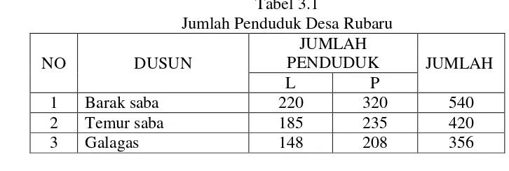 Tabel 3.1 Jumlah Penduduk Desa Rubaru 