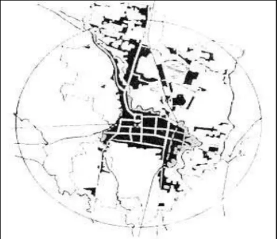 Gambar 2 Fase Kedua perkembangan Kota Malang masa kolonial menunjukkan arah  pertumbuhan linier dengan aksis utara-selatan dengan Kajoetangan straat sebagai 