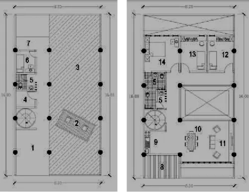 Gambar 2.17  Denah Desain Perencanaan Town House, Lantai 1 (gambar kiri) dan  Lantai 2 (gambar kanan) 