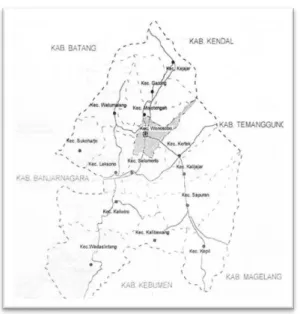Gambar 5.1. Peta Kabupaten Wonosobo  Luas administrasi wilayah Kota Wonosobo  adalah  1.518,574  ha  dengan  rincian  daerah  terbangun  sekitar  532,814  ha  atau  sekitar  41,65  %  yang  mencakup  kawasan  permukiman,  perkantoran,  perdagangan,  pendid