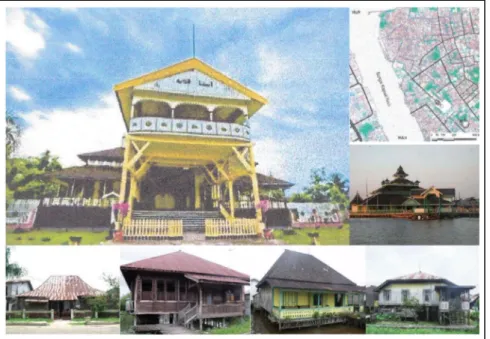 Gambar 1.1 Keberadaan Kraton Kadriyah, Mesjid Jami’, Sungai Kapuas dan Rumah Tinggal Tradisional   Melayu  di Pontianak (Sumber : Digambar Ulang Anonim, 2002b; Dokumentasi  