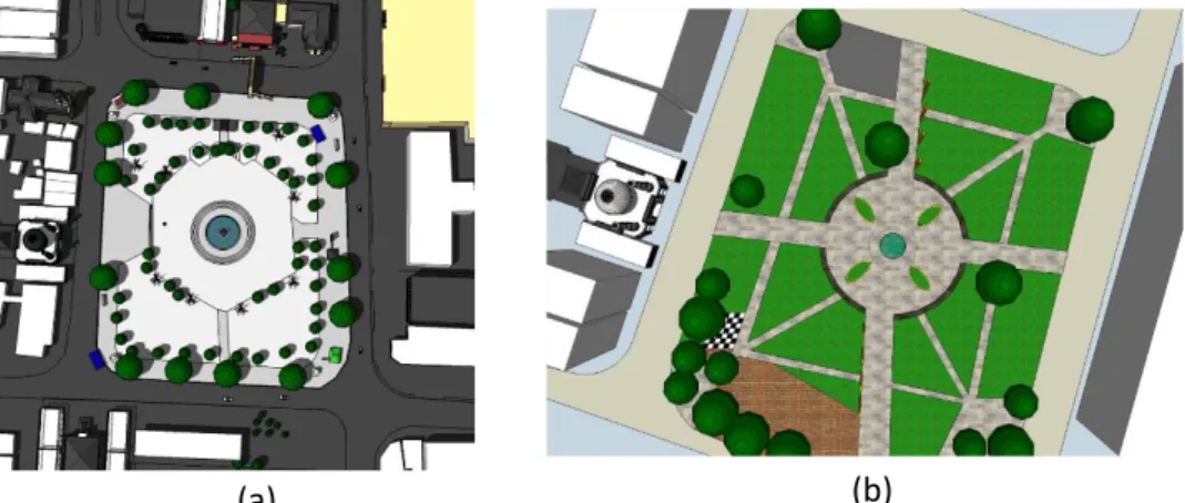 Gambar 3.1 Tatanan alun-alun setelah renovasi (a) 2007 dan (b) 2015  3.2  Perubahan Layout Alun-alun dan Hubungannya terhadap Masjid Jami’ 