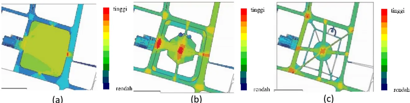 Gambar 3.4 Analisis visibilitas ruang untuk menemukan persebaran aktivitas alun-alun ketika  (a) belum renovasi, (b) setelah tahun 2007 dan (c) setelah tahun 2015 