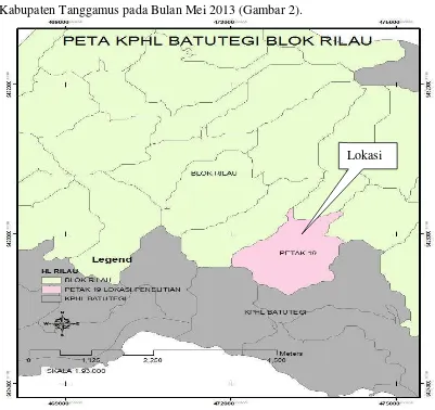 Gambar 2. Peta Lokasi Penelitian di Hutan Lindung Batutegi Blok Rilau (Dinas Kehutanan Provinsi Lampung, 2010)