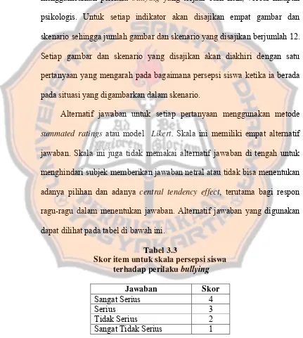 Skor item untuk skala persepsi siswa Tabel 3.3 bullying