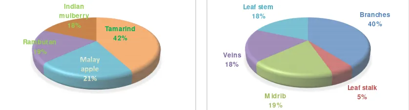 Figure 1 . Percentage of endophytic fungi recovered from (Left) disease-free parts of tamarind, Malay apple, rambutan and Indian mulberry, and from (Right) different disease-free parts of host plants