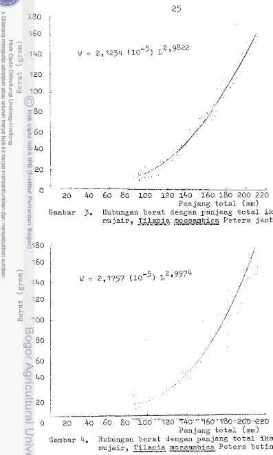 Gambar 3, Hubungan b e r a t  dengan panjang t o t a l  i k a n  