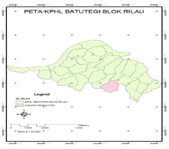 Gambar 2. Peta hutan lindung Batutegi blok Rilau Kabupaten Tanggamus Lampung skala 1:93.085 (Dinas Kehutanan Propinsi Lampung, 2013)
