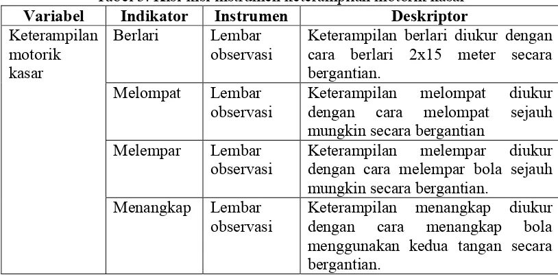 Tabel 3. Kisi-kisi instrumen keterampilan motorik kasar 