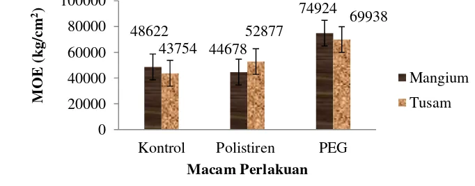 Gambar 6  MOE kayu mangium dan tusam terhadap perlakuan kontrol, 