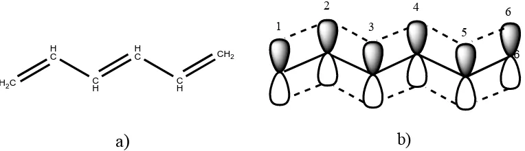 Gambar 2. Molekul 1,3,5-Heksatriena: a) struktur garis b) diperlihatkan orbital-π-nya
