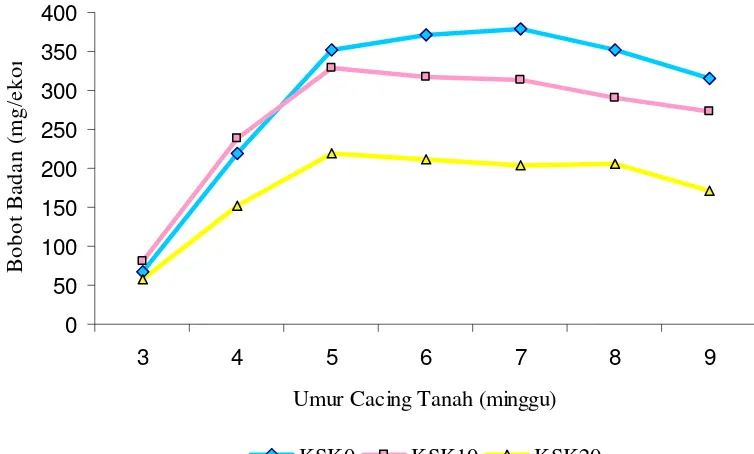 Gambar 5.   Diagram Bobot Badan Cacing E.  foetida Selama Tujuh Minggu (umur 3-9 minggu) Penelitian