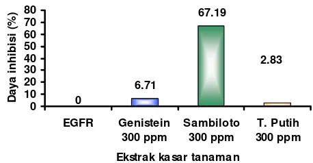 Gambar 12  Absorbansi hasil uji inhibisi EGFR (kokntrol negatif), ekstrak kasar flavonoid, dan  genistein (kontrol positif)